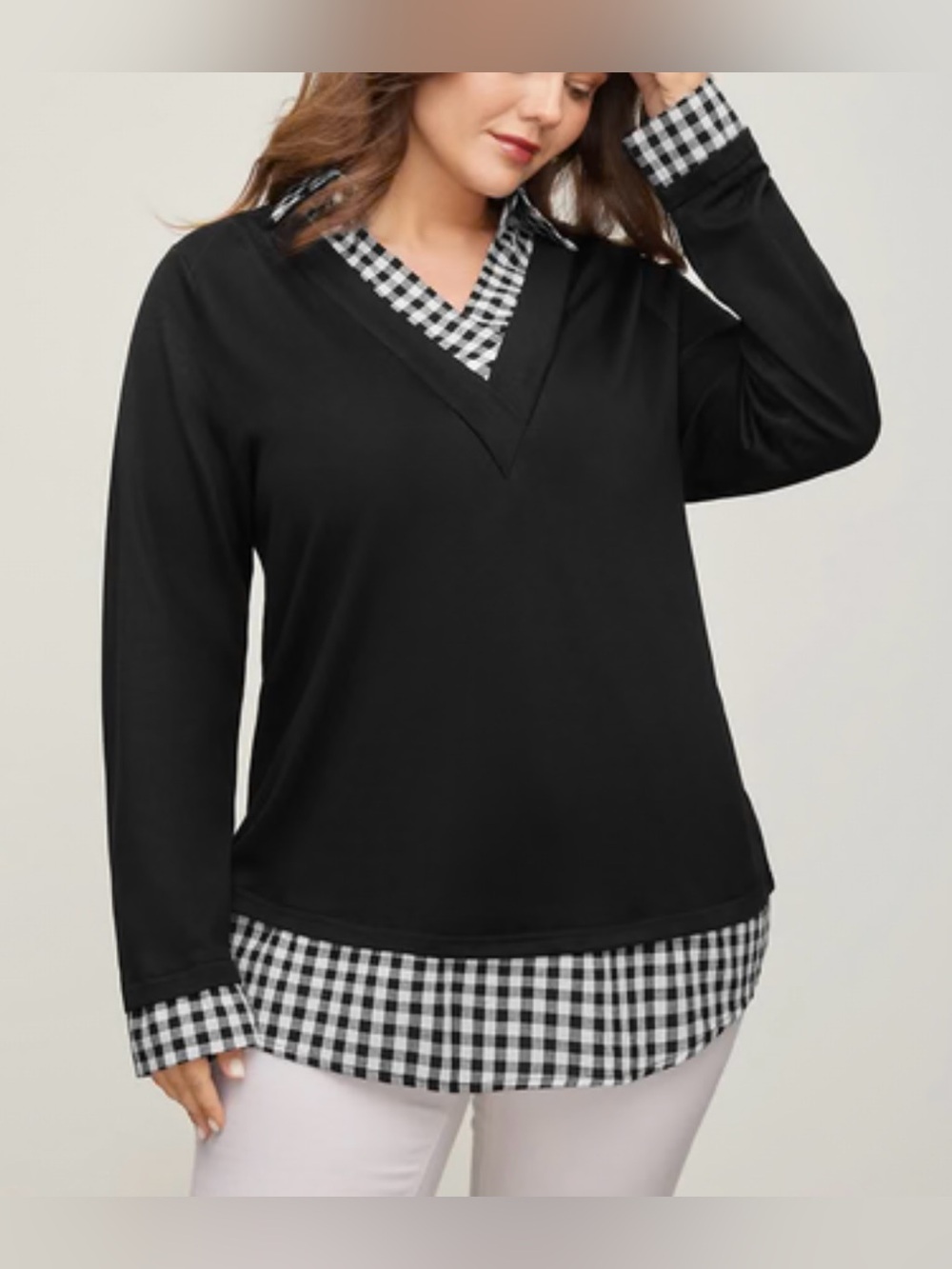 BloomChic Black V-Neck Layered Blouse with Black-and-White Gingham Trim NWT!
